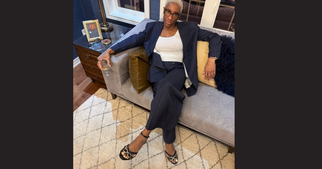 Judy Stewart founder of Trèsolz wearing stylish extended size shoes for women