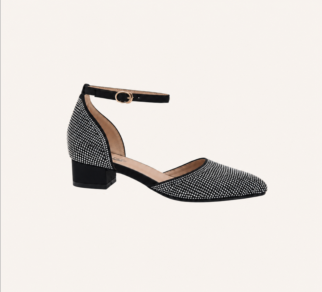 Debbie Vegan Dress Flats with Rhinestone Accents and Ankle Strap