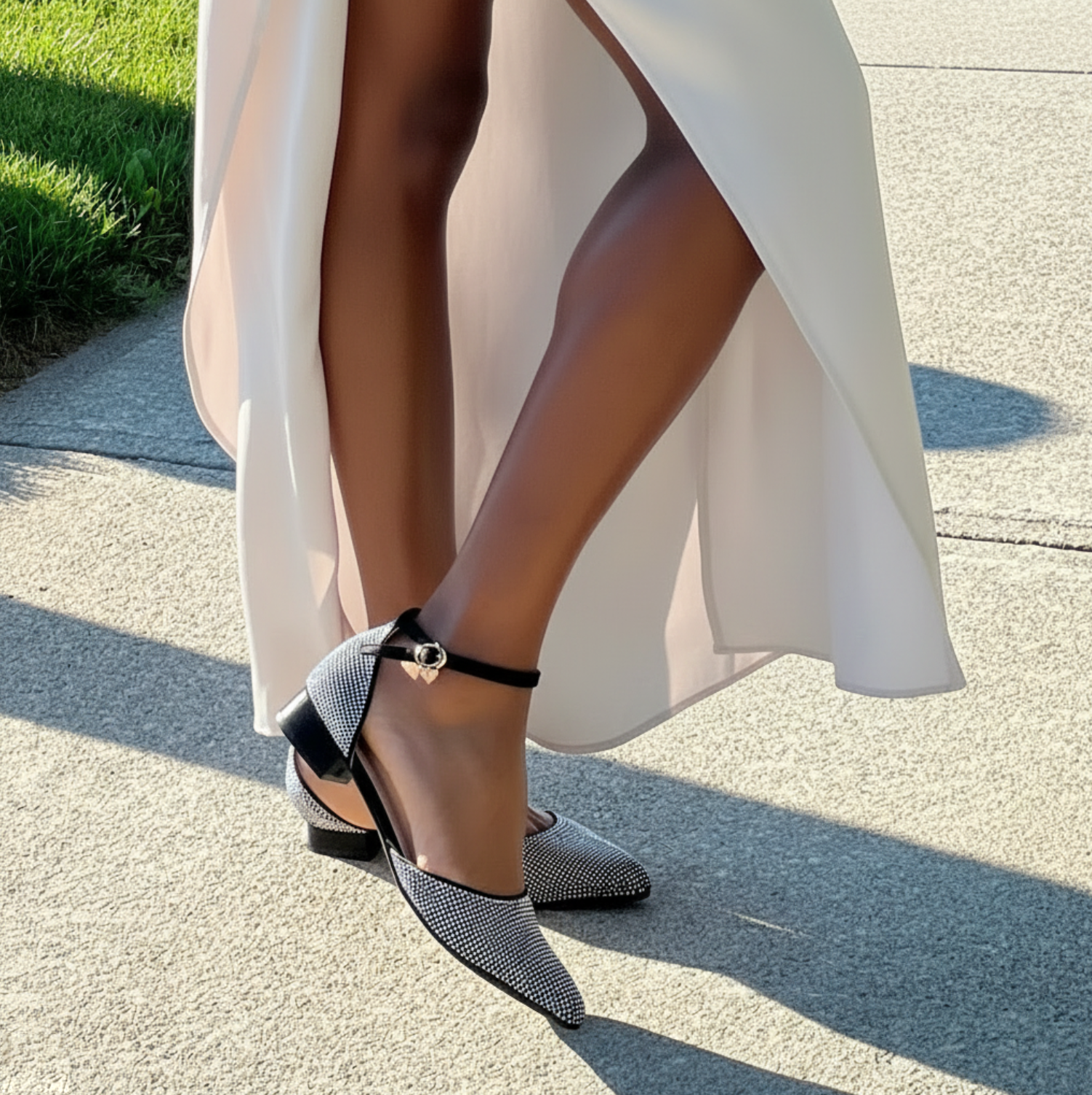 Debbie Vegan Dress Flats with Rhinestone Accents and Ankle Strap