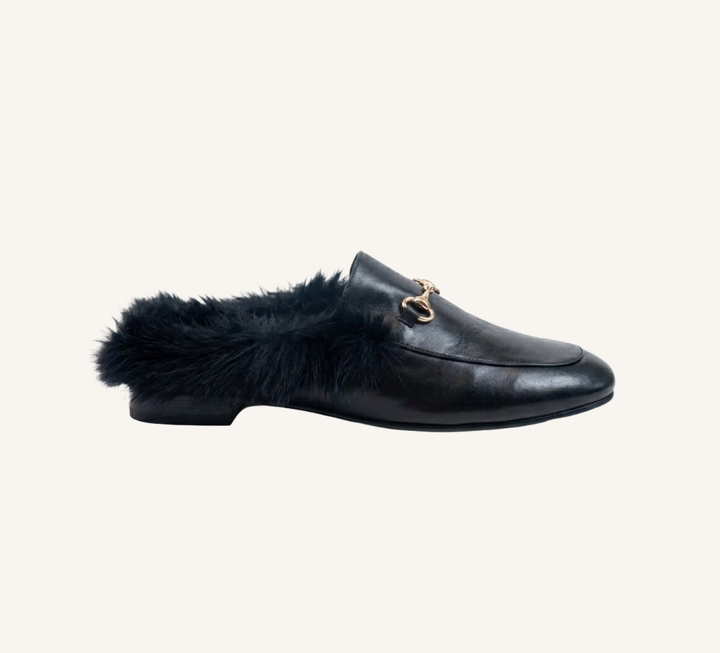Hillary Women's Mules - Fur Trim - Leather - Flat Heel