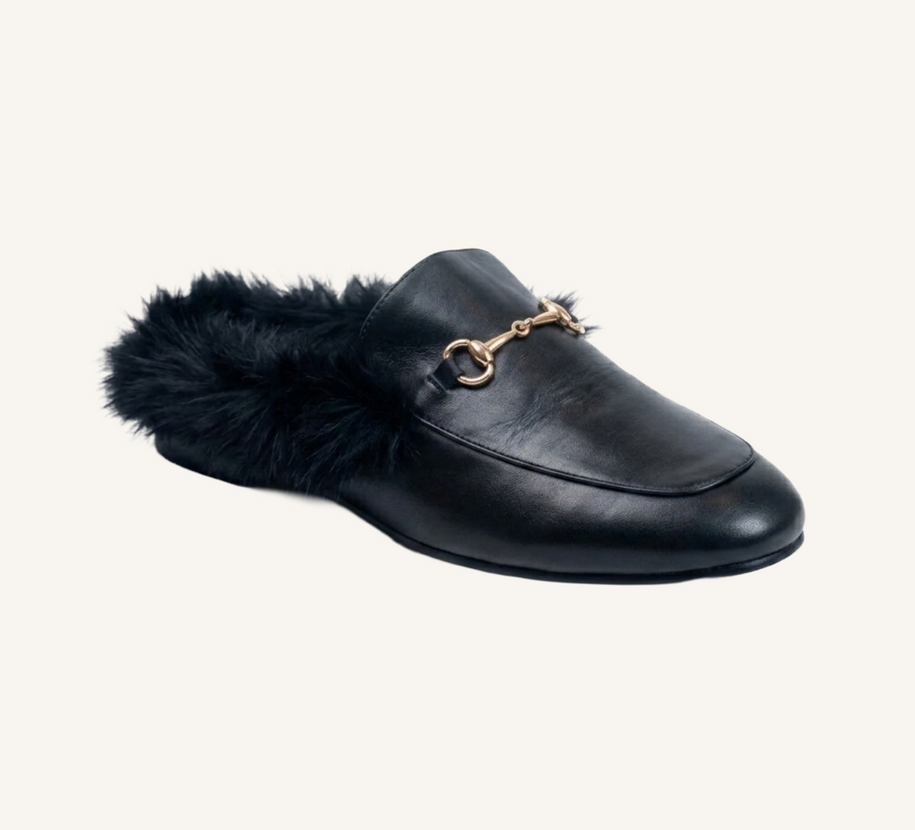 Hillary Women's Mules - Fur Trim - Leather - Flat Heel