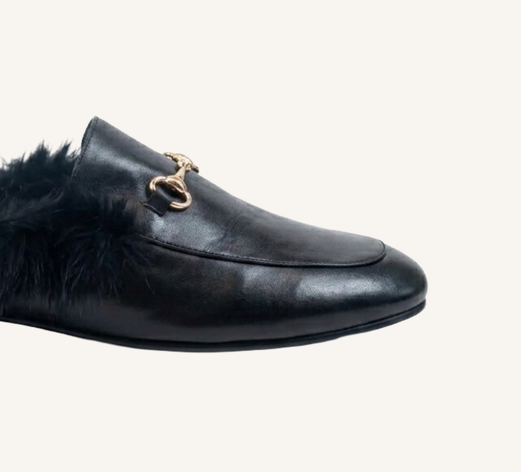 Hillary Women's Mules - Fur Trim - Leather - Flat Heel