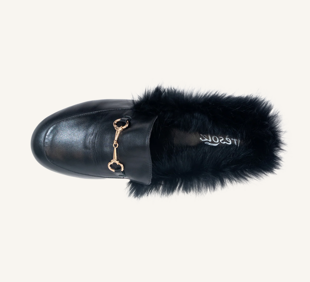 Hillary Women's Mules - Fur Trim - Leather - Flat Heel