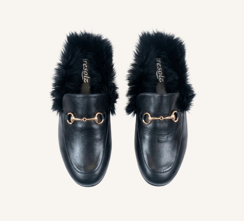 Hillary Women's Mules - Fur Trim - Leather - Flat Heel