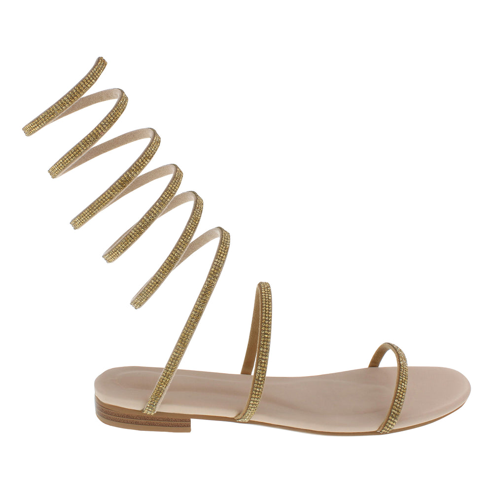 
                  
                    Load image into Gallery viewer, A side shot of a beautiful gold women&amp;#39;s gladiator style sandals embellished with gold rhinestones covering the straps.
                  
                