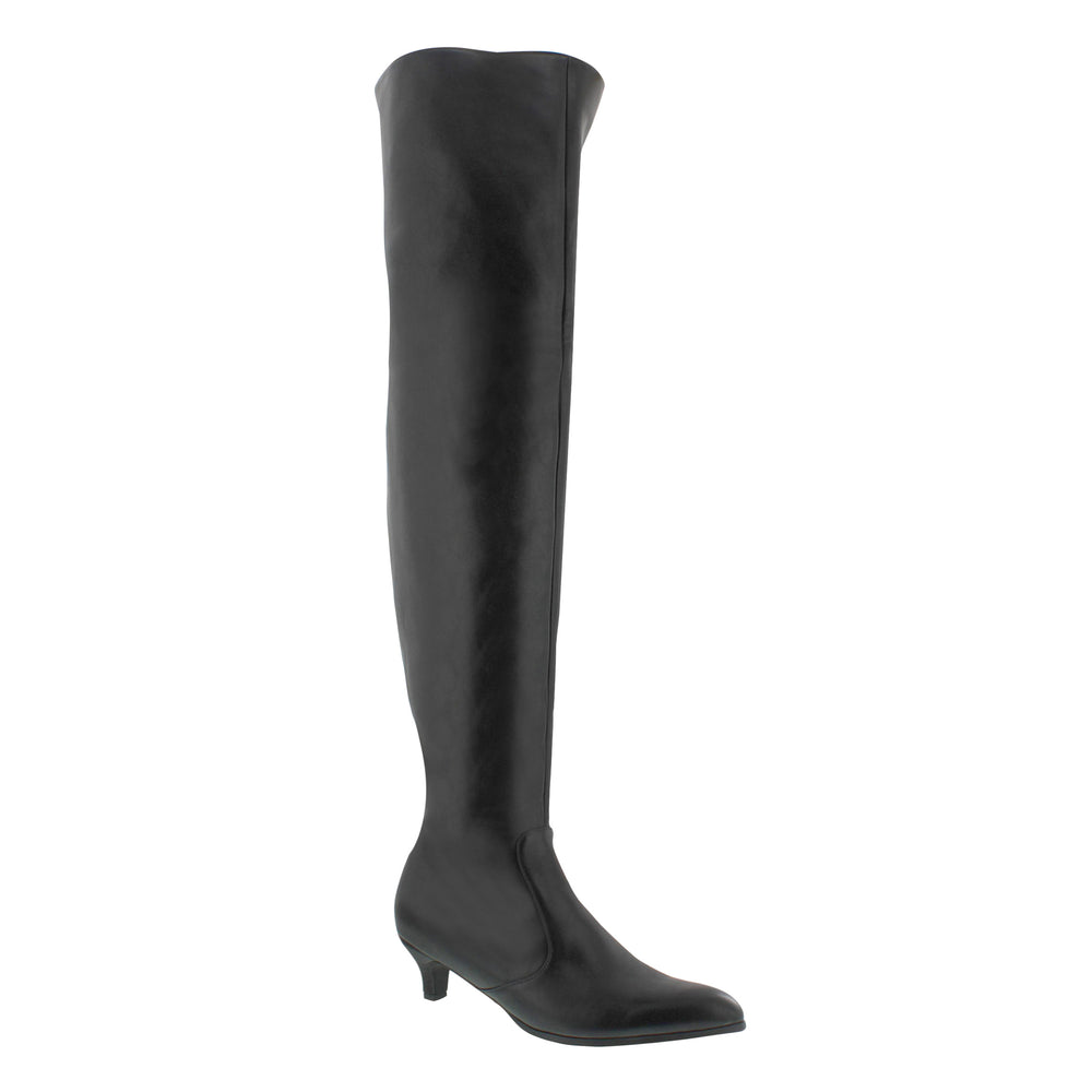 High black over-the-knee boot with a small 2" heel and pointed toe.