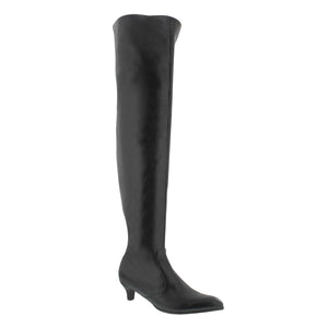 
                  
                    Load image into Gallery viewer, High black over-the-knee boot with a small 2&amp;quot; heel and pointed toe.
                  
                