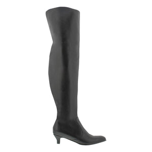 
                  
                    Load image into Gallery viewer, A side shot of a high black over-the-knee boot with a small 2&amp;quot; heel and pointed toe.
                  
                