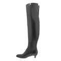 A side shot of a high black over-the-knee boot with a small 2" heel and pointed toe.