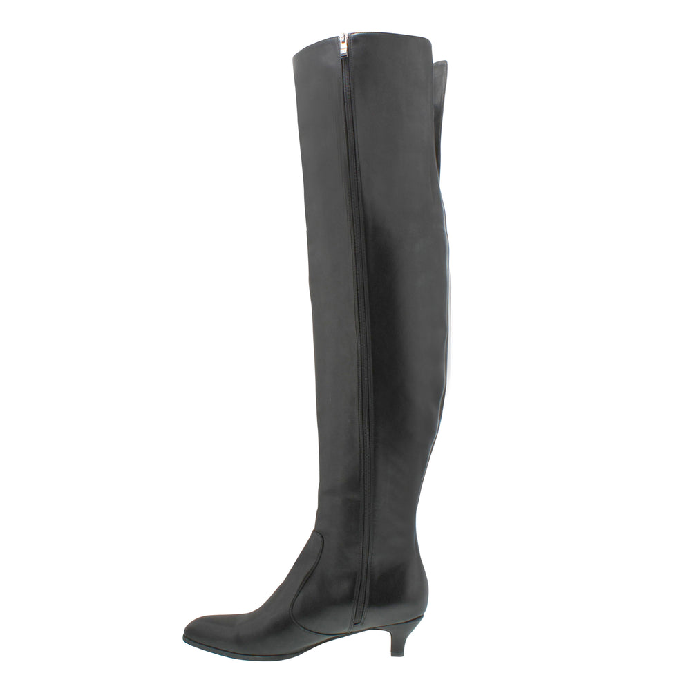 A side shot of a high black over-the-knee boot with a small 2" heel and pointed toe.