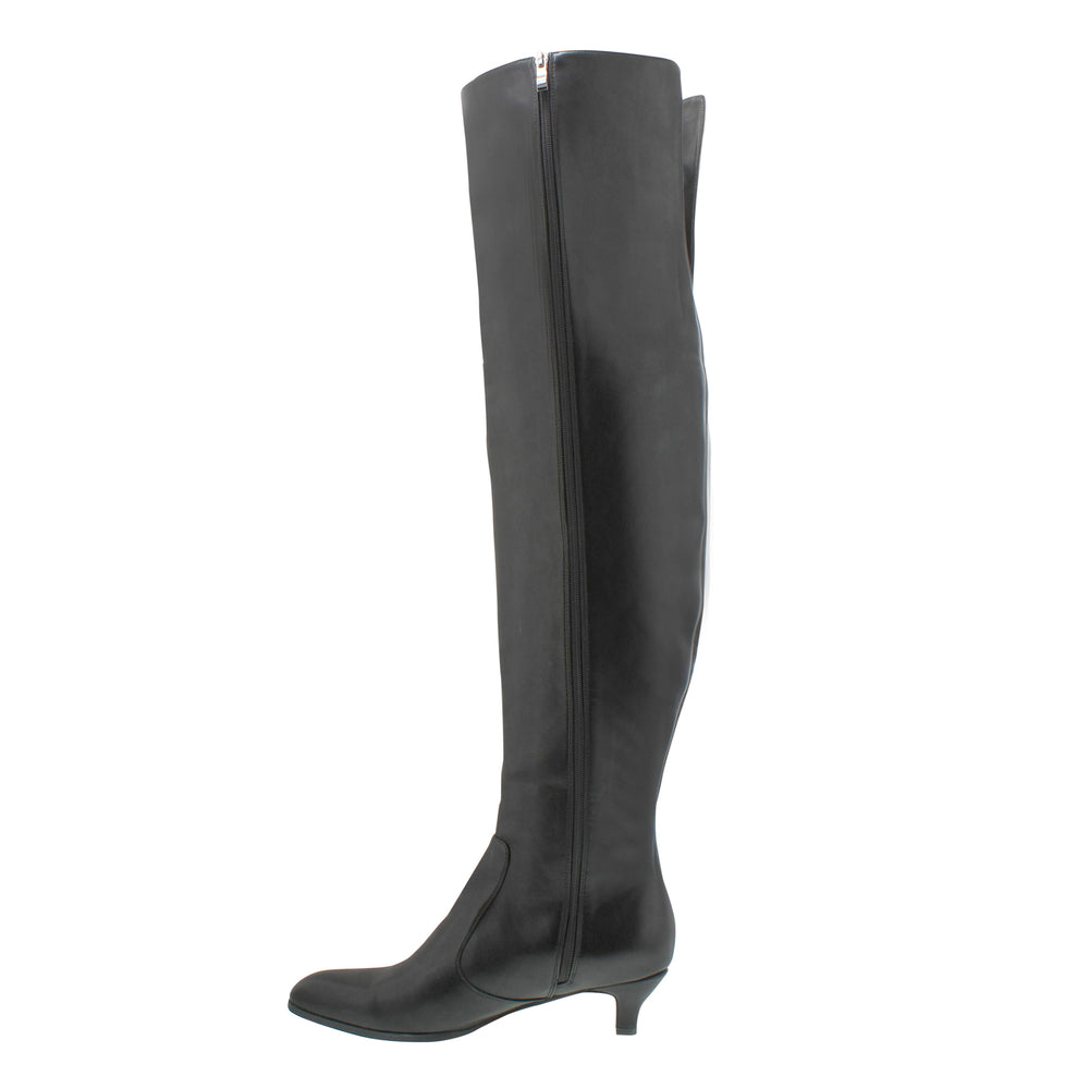 Load image into Gallery viewer, A side shot of a high black over-the-knee boot with a small 2" heel and pointed toe.