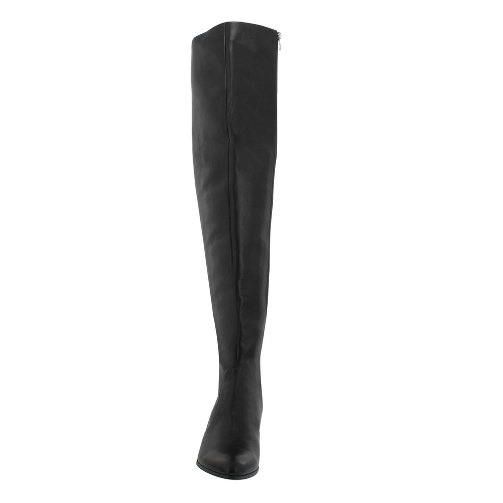 
                  
                    Load image into Gallery viewer, A front shot of a high black over-the-knee boot with a small 2&amp;quot; heel and pointed toe.
                  
                