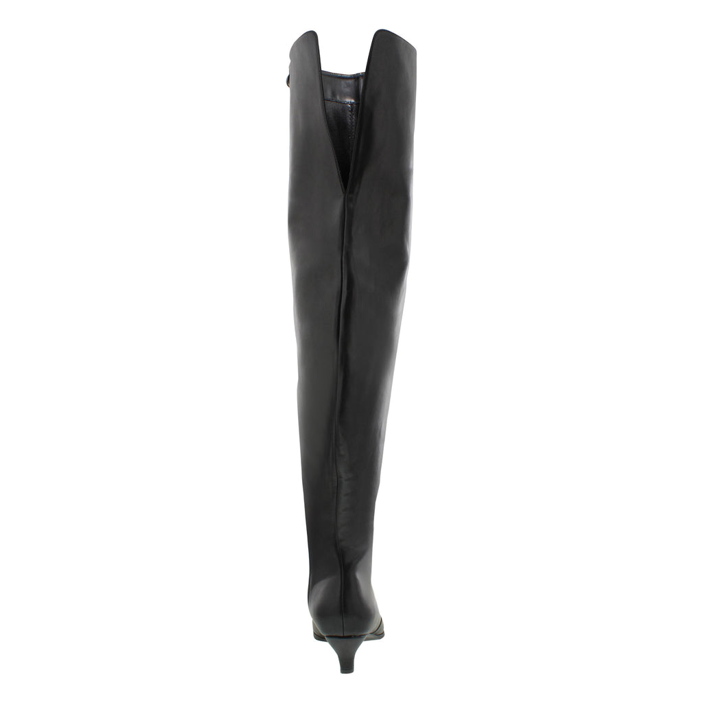 A back shot of a high black over-the-knee boot with a small 2" heel and pointed toe.