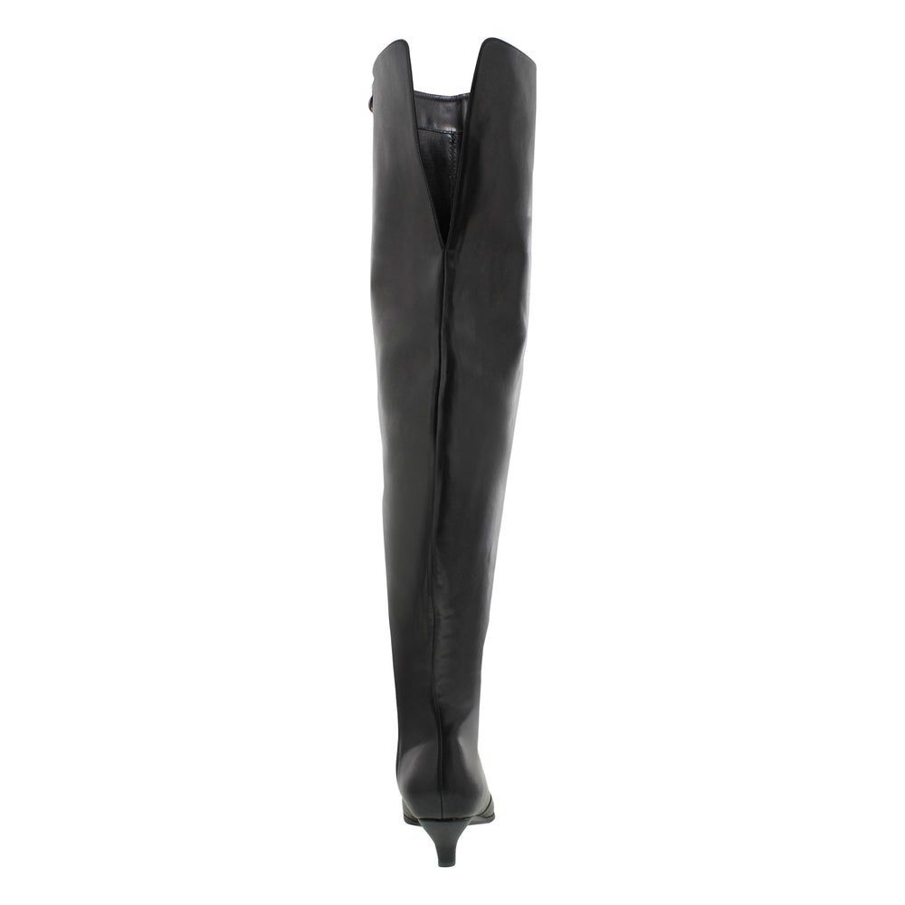 
                  
                    Load image into Gallery viewer, A back shot of a high black over-the-knee boot with a small 2&amp;quot; heel and pointed toe.
                  
                