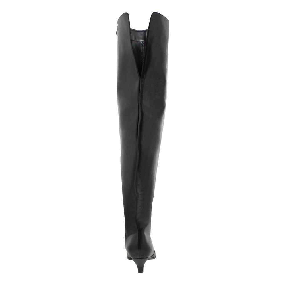 Load image into Gallery viewer, A back shot of a high black over-the-knee boot with a small 2" heel and pointed toe.