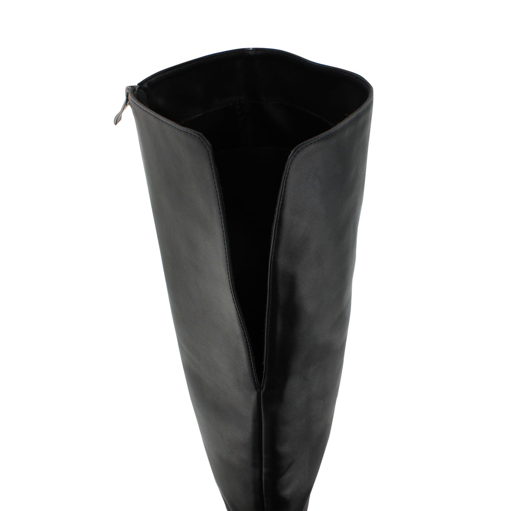 
                  
                    Load image into Gallery viewer, A detail shot of the behind-the-knee split of our high black over-the-knee boot.
                  
                