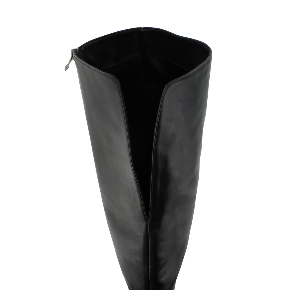 Load image into Gallery viewer, A detail shot of the behind-the-knee split of our high black over-the-knee boot.