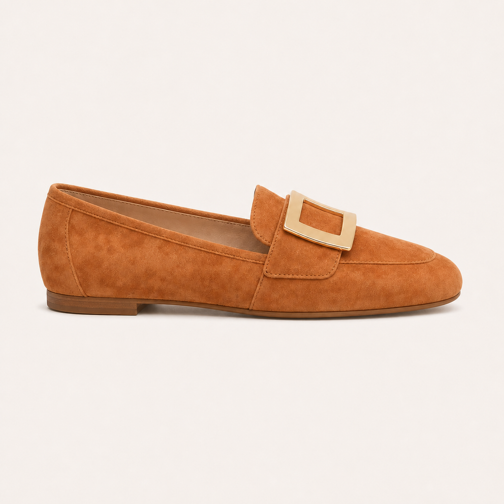 Jackie Full Grain Suede Brown Loafer with Faux Buckle Detail