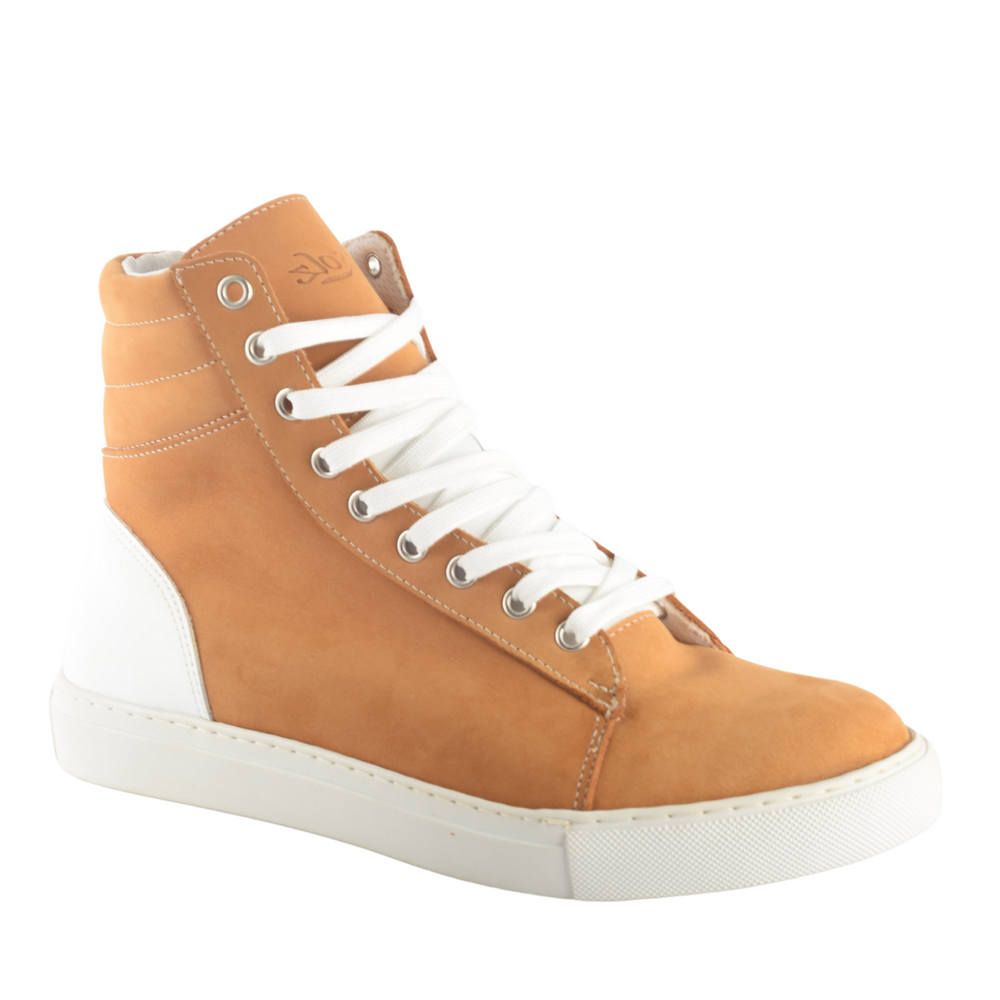 
                  
                    Load image into Gallery viewer, brown high top leather sneakers size 14 side view
                  
                