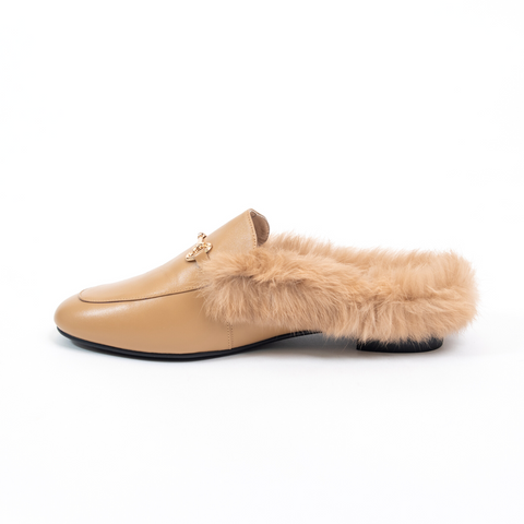 Hillary Women's Mules - Fur Trim - Leather - Flat Heel