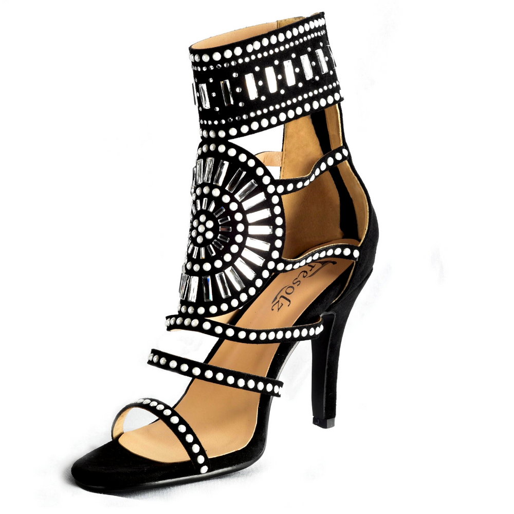 Jazz size 12 black warrior gladiator heel with rhinestones side view