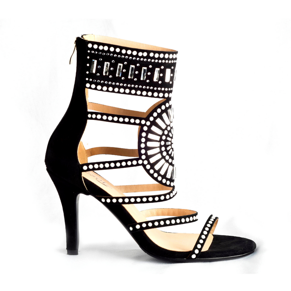 Jazz size 13 black warrior gladiator heel with rhinestones side view