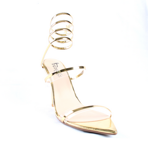 
                  
                    Load image into Gallery viewer, Winne heel gold size 15 front view strappy 
                  
                