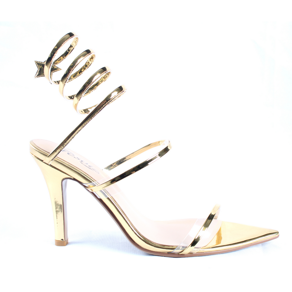 
                  
                    Load image into Gallery viewer, Winne strappy heel gold size 14 side view
                  
                