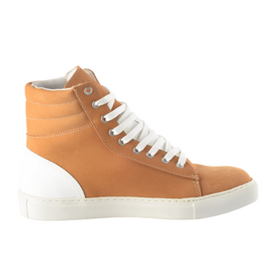 
                  
                    Load image into Gallery viewer, brown high top leather sneakers size 12 white laces
                  
                